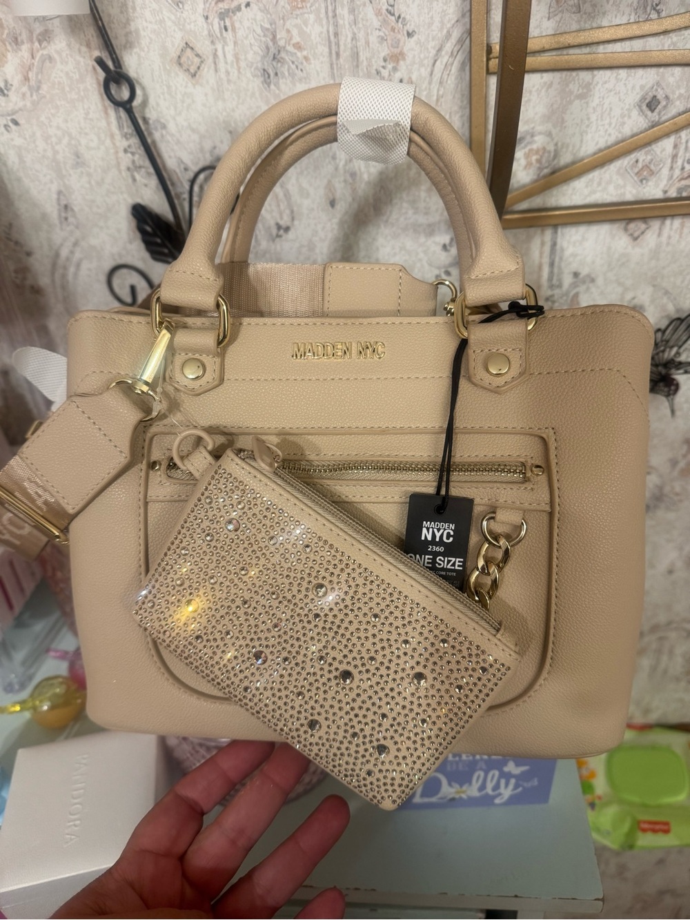 Steve Madden Beige Satchel with Rhinestone Wristlet
